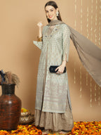 Jyoti Fashion Women's Green Chanderi Silk Elegant Jardoshi Semi Kurta with Trouser & Dupatta | Grocsy