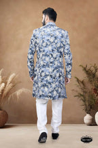 Joban Fashion Men's Blue Straight Swed Velvet Thread & Sequence Embroidery All Over Indo-Western Kurta Set | Grocsy