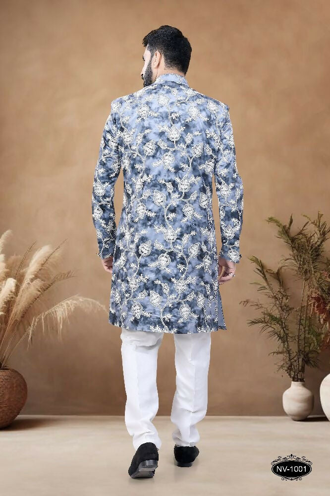 Joban Fashion Men's Blue Straight Swed Velvet Thread & Sequence Embroidery All Over Indo-Western Kurta Set | Grocsy