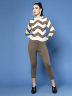 Women Cream Acrylic Stripe & Solid Winter Co-Ord Set - Wool Trees | Grocsy