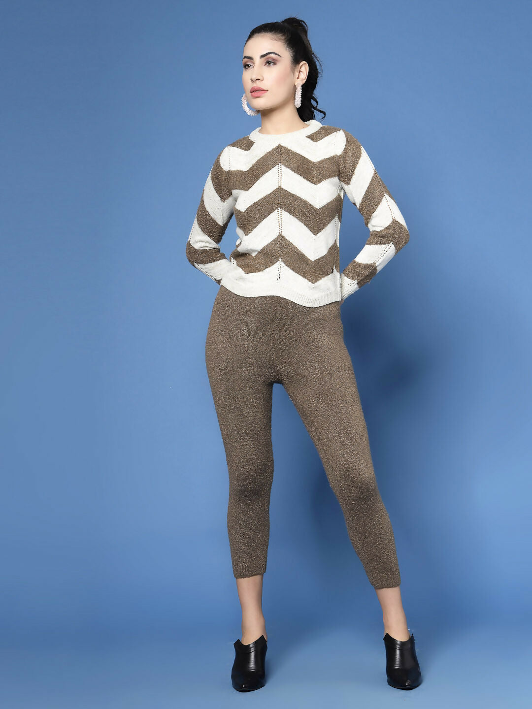 Women Cream Acrylic Stripe & Solid Winter Co-Ord Set - Wool Trees | Grocsy