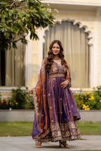 Teeya Creation Wine Primium Fendy Satin Silk Embroidery Work Wedding Wear Gown | Grocsy