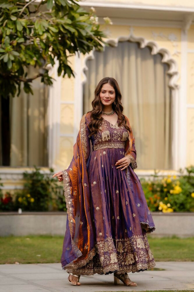 Teeya Creation Wine Primium Fendy Satin Silk Embroidery Work Wedding Wear Gown | Grocsy