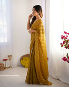 NC Chiffon Chex Wevon Chex Designer, Lace Party Wear Saree - Mustard | Grocsy