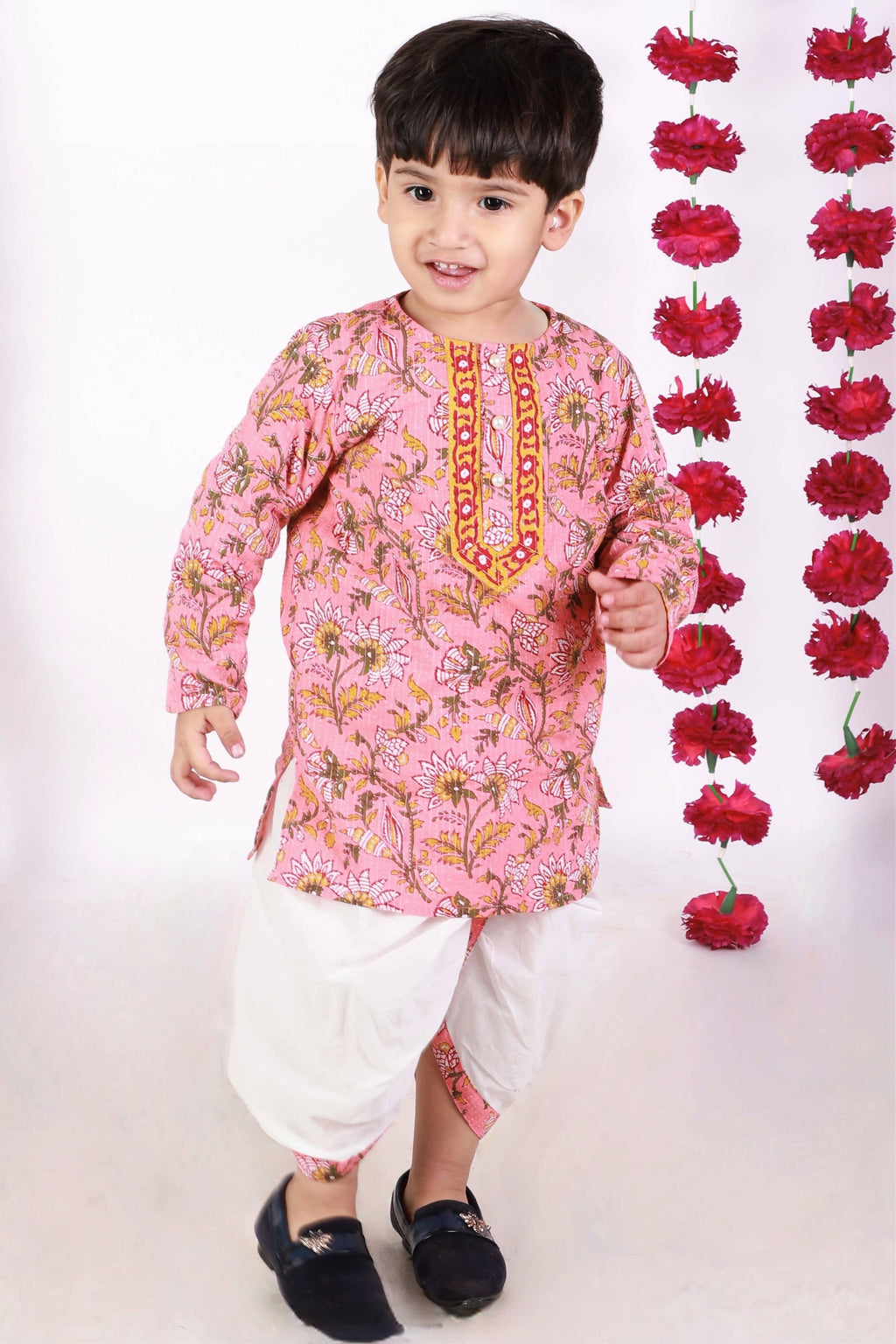 Little Bansi Boys Bengali Kantha work floral kurta & Dhoti - Pink & White | Grocsy