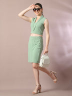 Myshka Women's Sea Green Solid Shawl Neck Party Top With Skirt Co-ord set | Grocsy