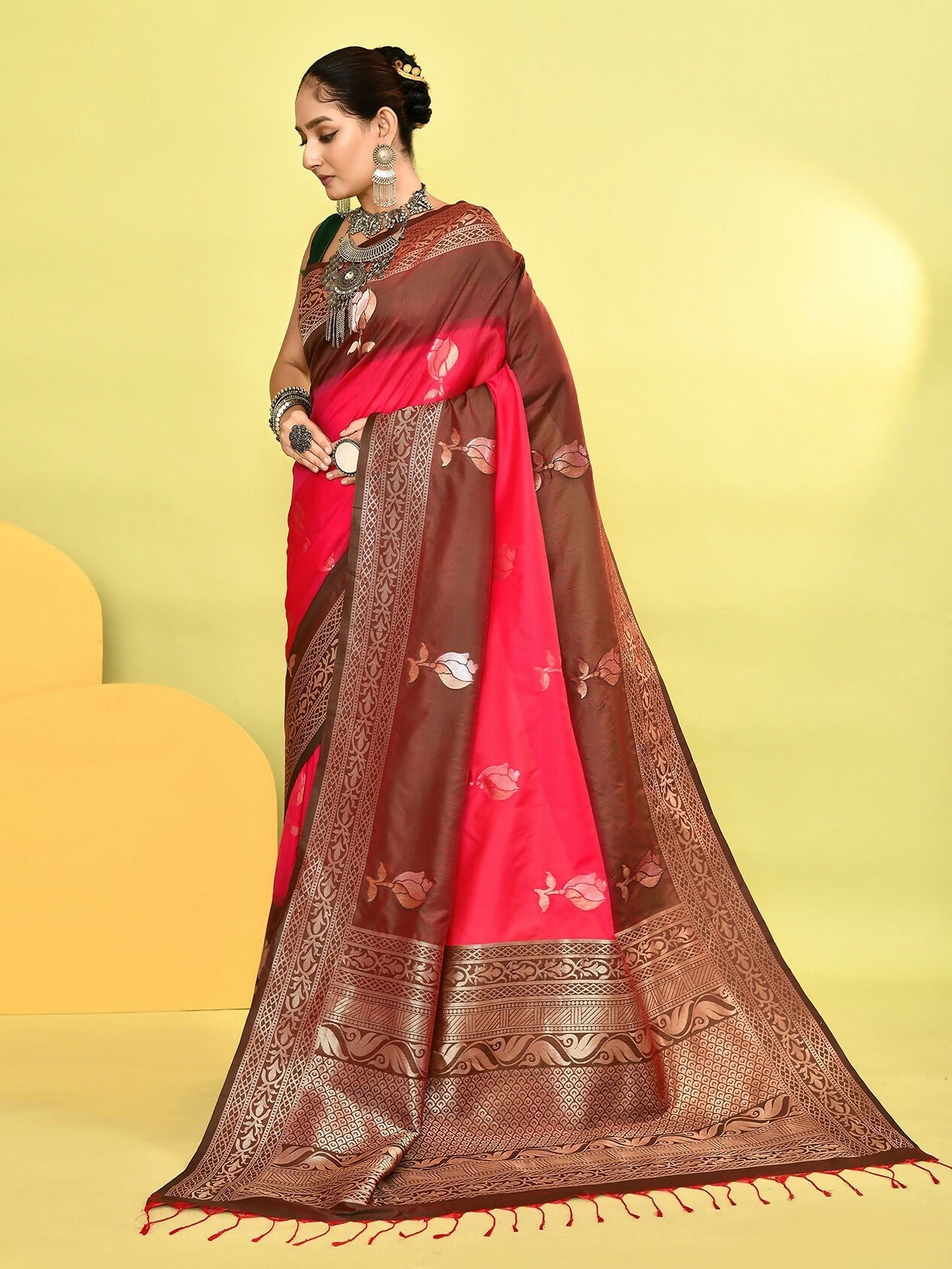 Joban Fashion Rani Pink & Bottle Green Plain With Weaving Border Banarasi Silk Sarees | Grocsy