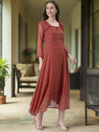 Souchii Rust Orange Printed Fit & Flare Dress | Grocsy
