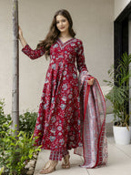 The52 Maroon Women's Gorgeous Rayon Fabric Printed Work Flared Kurta, Pant and Dupatta Set | Grocsy