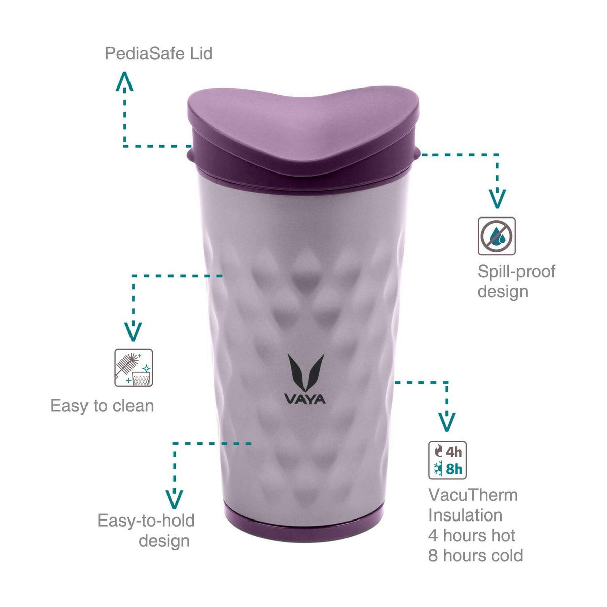 Vaya Drynk Stainless Steel Tumbler with Spill-Proof PediaSafe Lid - 350ml (Purple) | Grocsy