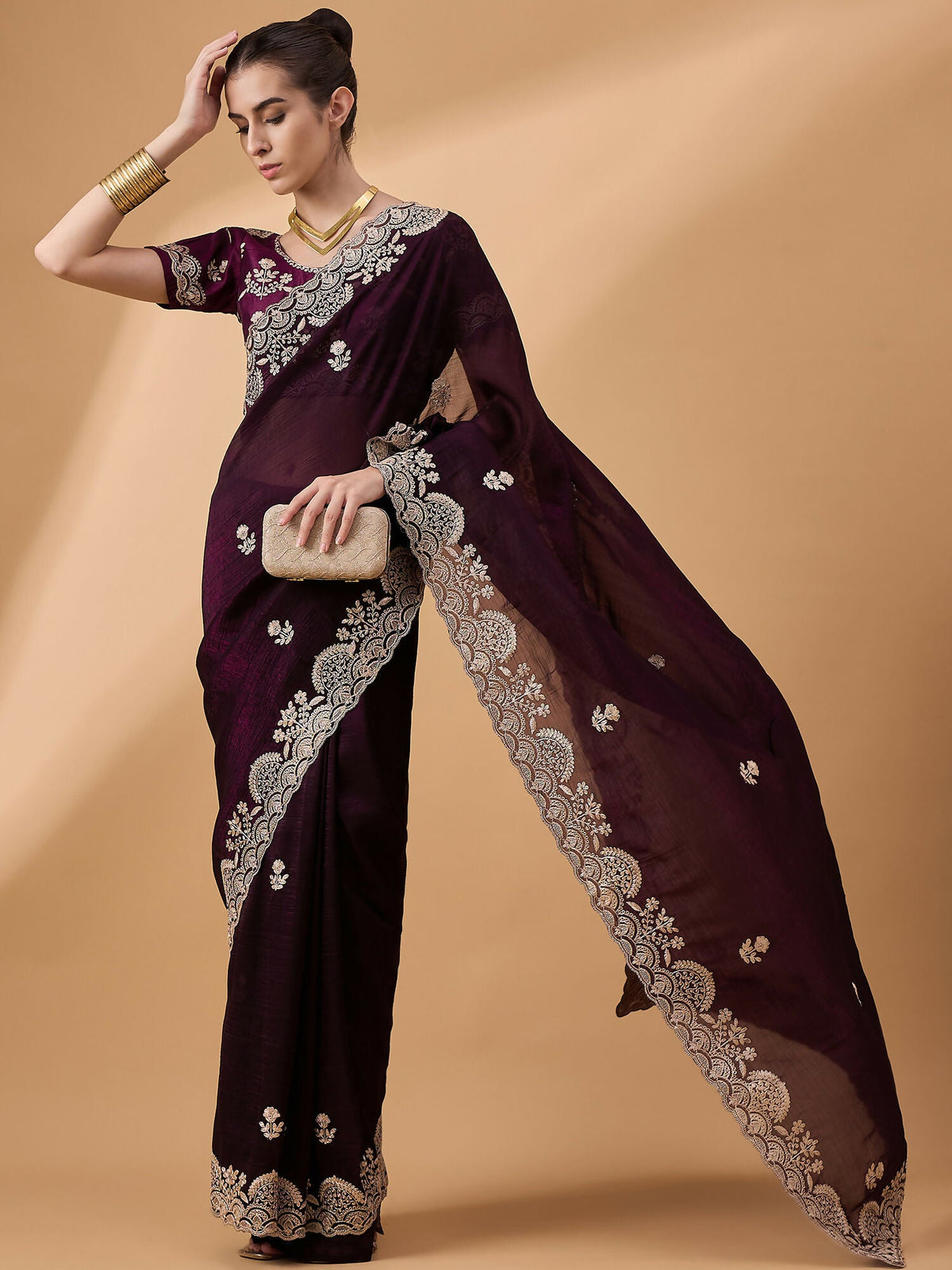 Purple Silk Embroidered Saree with Unstitched Blouse Piece - Satya | Grocsy