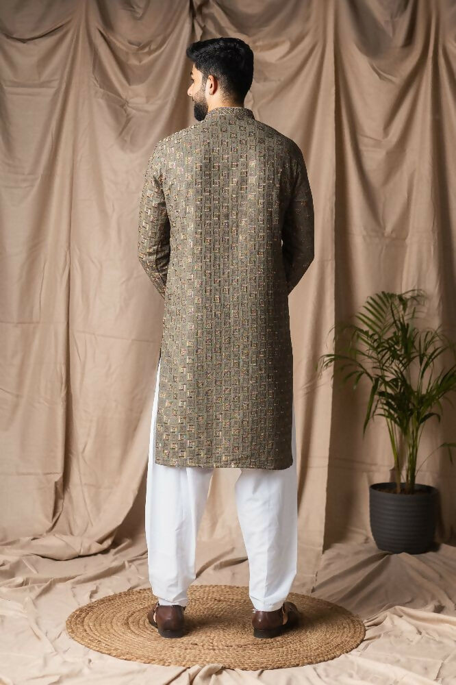 Mehandi Green Rayon Thread Embroidery Work Kurta Set - Mahotsav | Grocsy