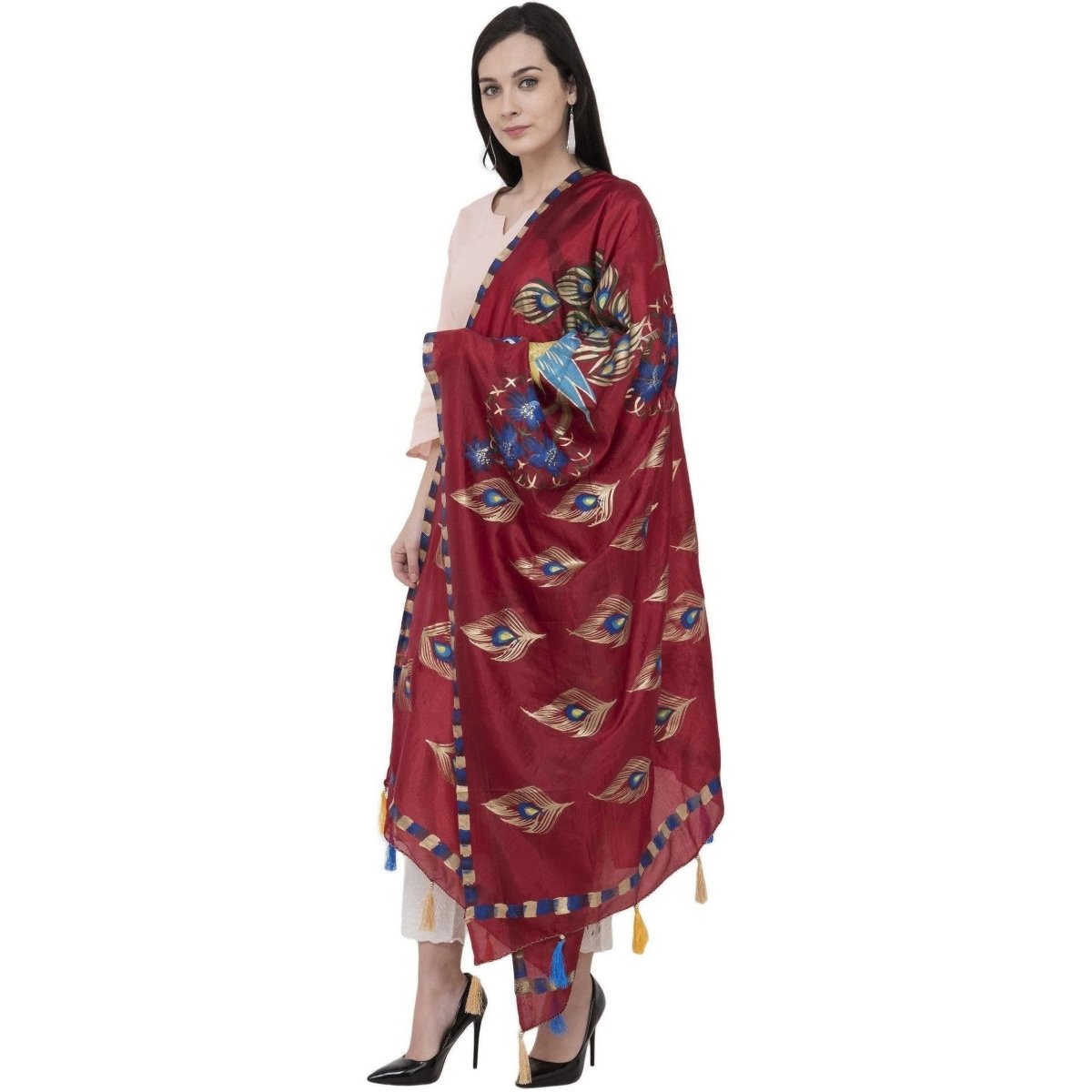 A R Silk Silk Peacock Multi Fancy Dupatta Color Mehroon Dupatta or Chunni | Grocsy