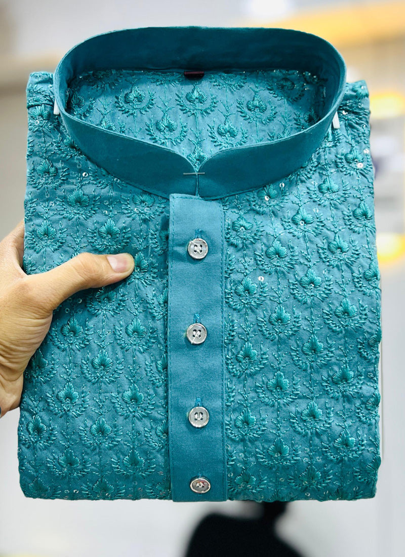 Prazu Fashion Turquoise Rayon Embrodered Kurta With Pajama | Grocsy