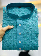 Prazu Fashion Turquoise Rayon Embrodered Kurta With Pajama | Grocsy