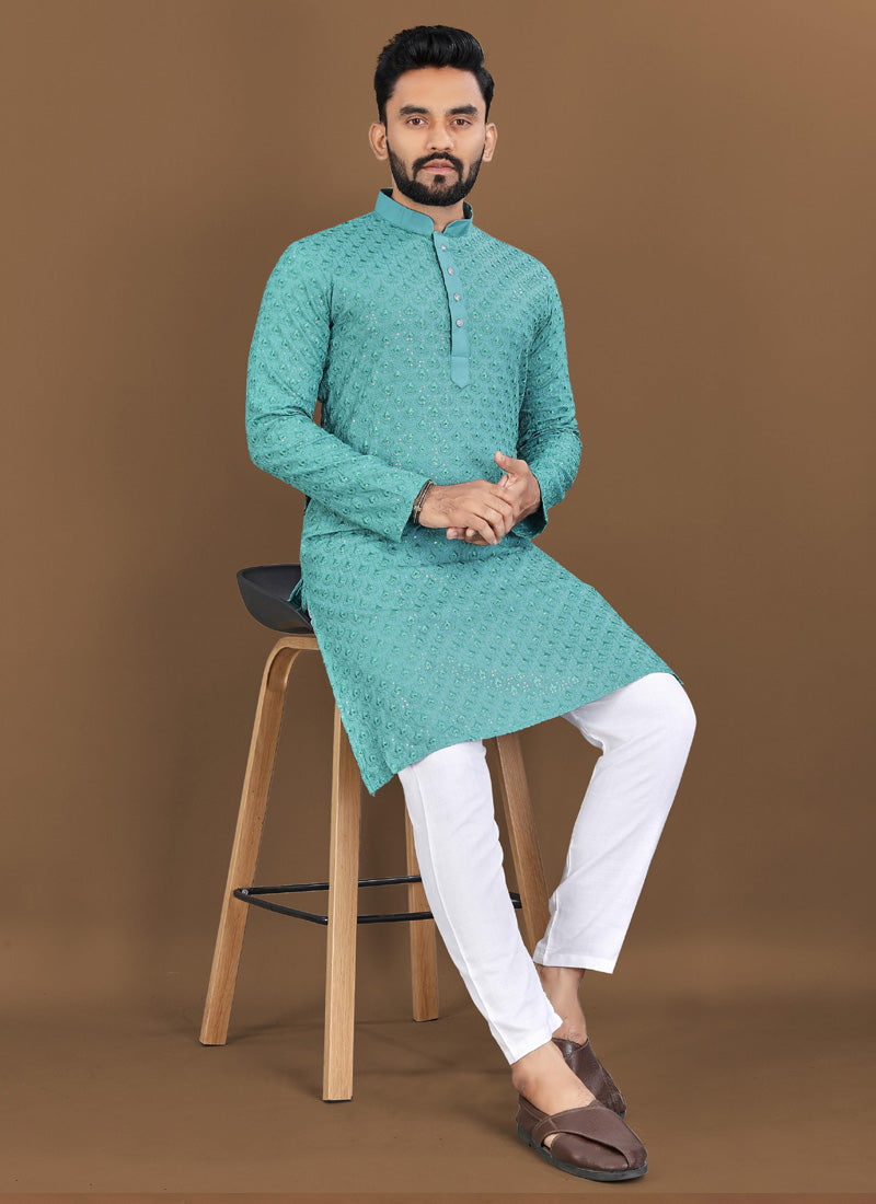 Prazu Fashion Turquoise Rayon Embrodered Kurta With Pajama | Grocsy