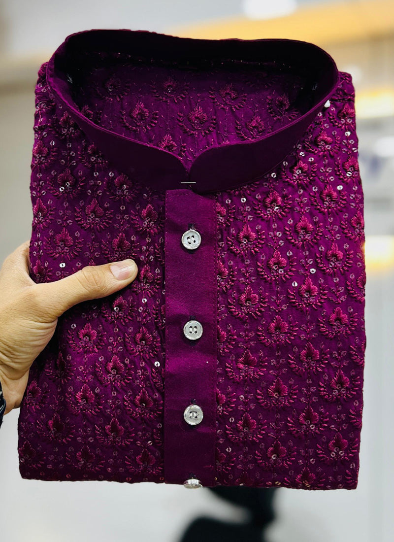 Prazu Fashion Wine Rayon Embrodered Kurta With Pajama | Grocsy