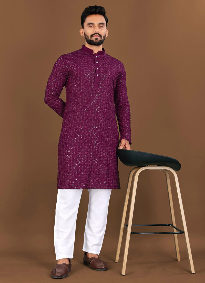 Prazu Fashion Wine Rayon Embrodered Kurta With Pajama | Grocsy