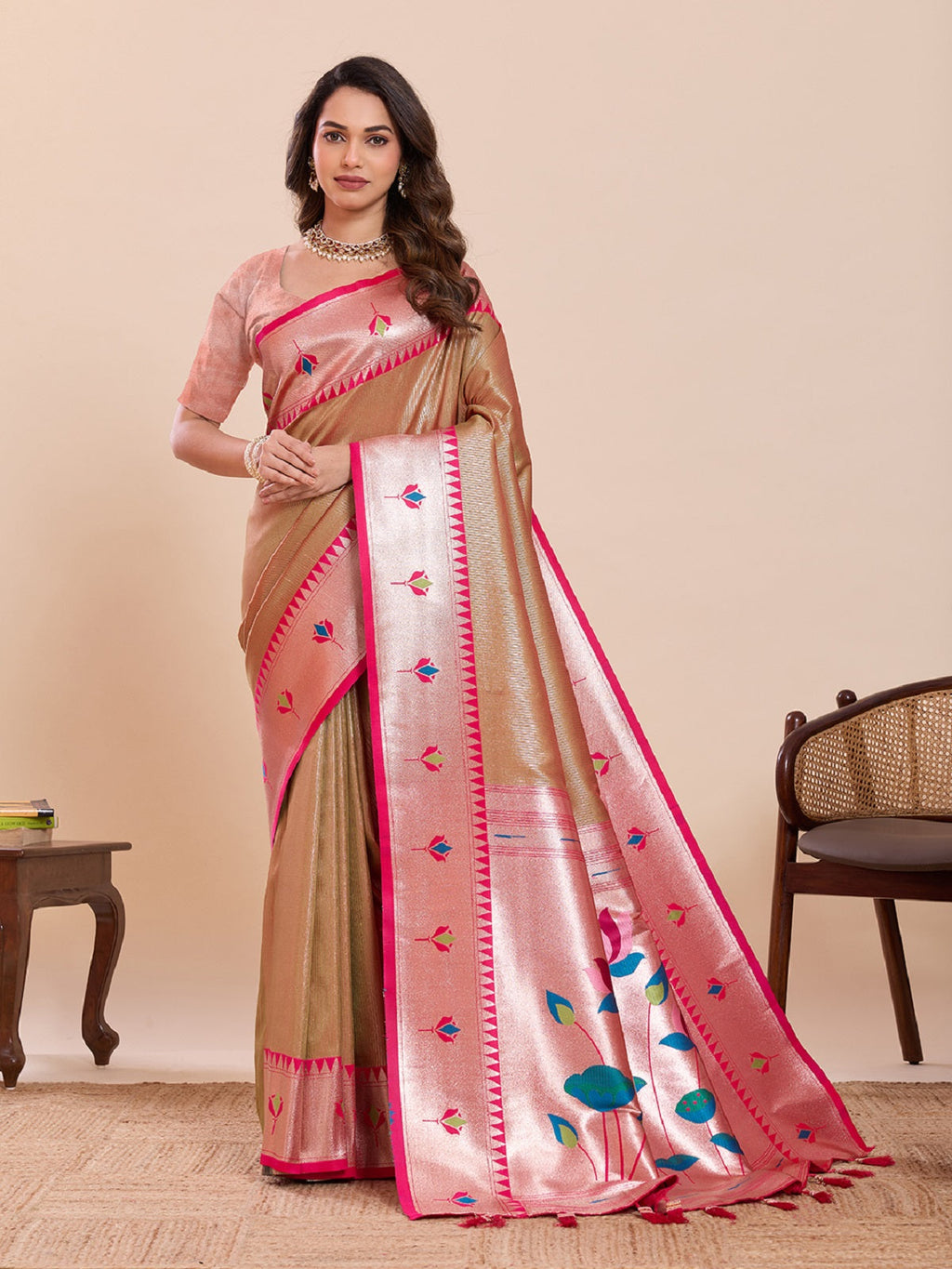 Dwija Fashion Beige Wedding Wear Woven Lotus Motif Work Pure Soft Silk Saree With Unstitched Blouse | Grocsy