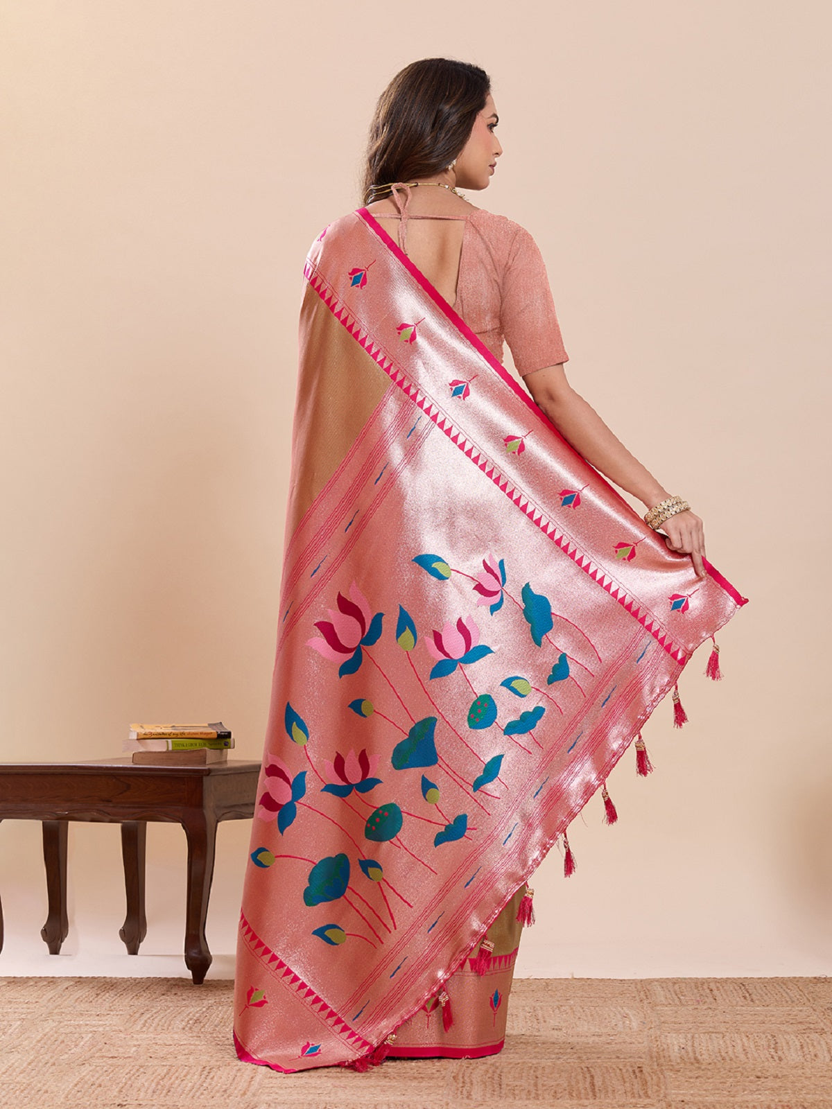 Dwija Fashion Beige Wedding Wear Woven Lotus Motif Work Pure Soft Silk Saree With Unstitched Blouse | Grocsy