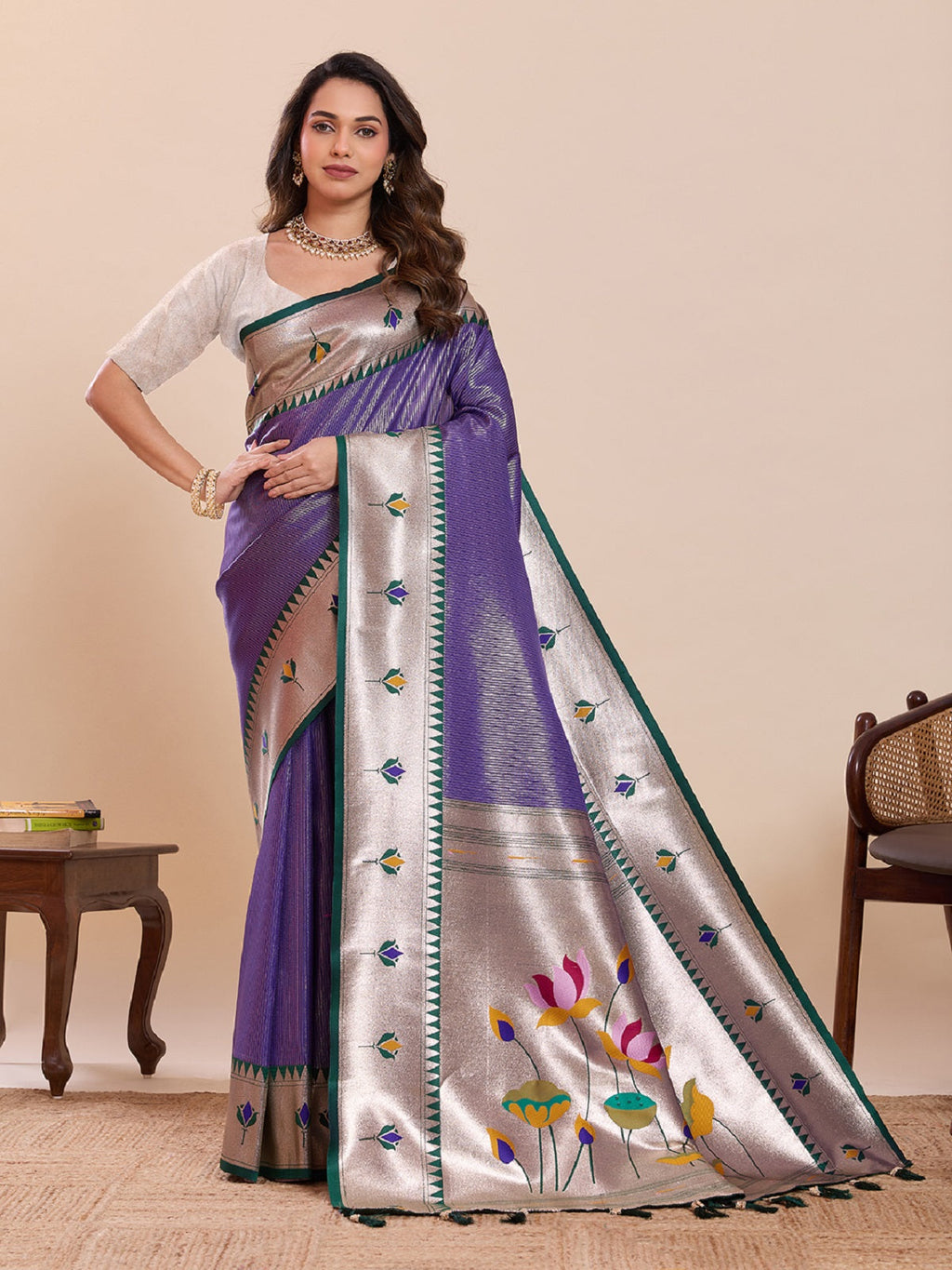 Dwija Fashion Blue Wedding Wear Woven Lotus Motif Work Pure Soft Silk Saree With Unstitched Blouse | Grocsy