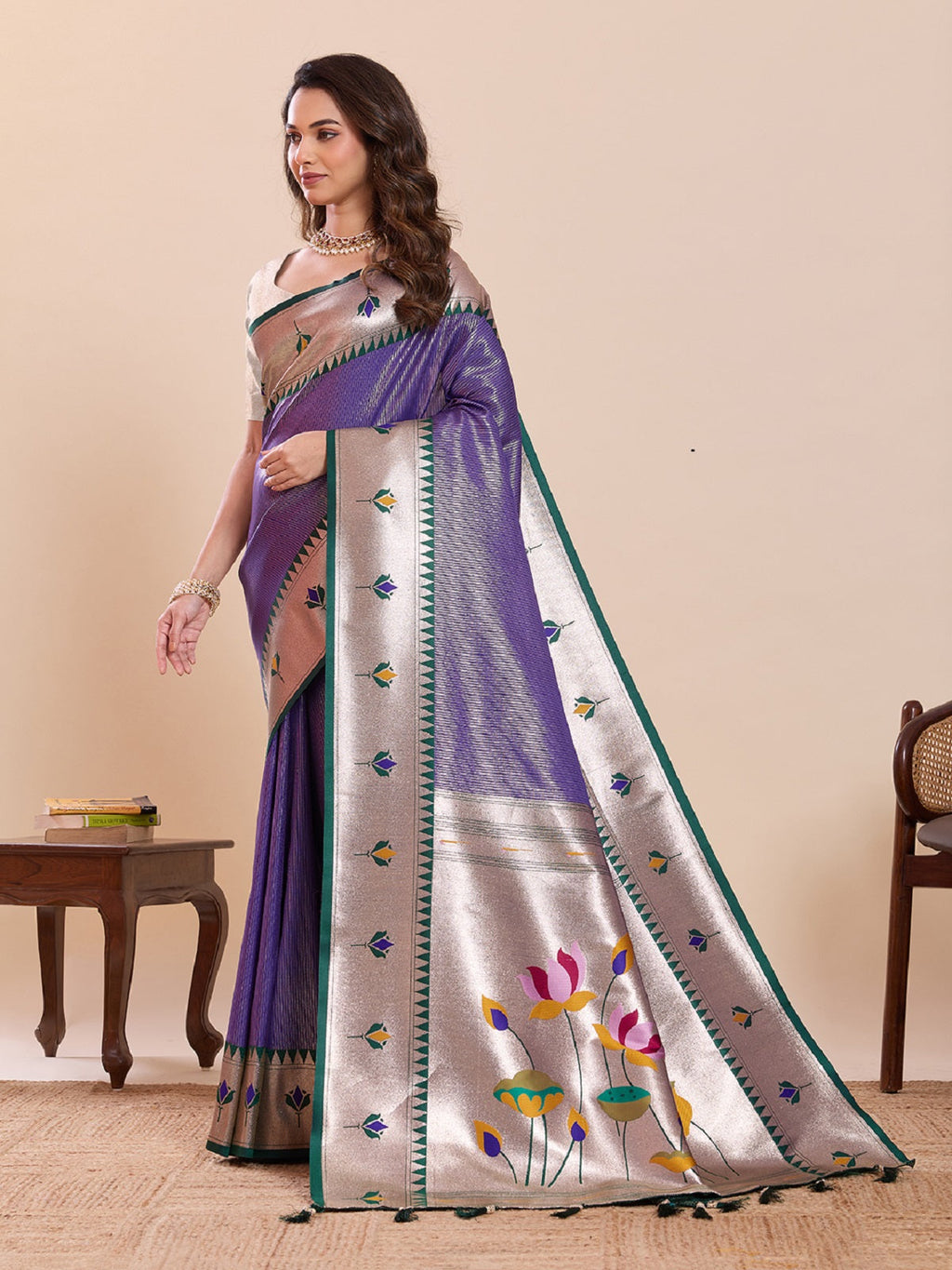 Dwija Fashion Blue Wedding Wear Woven Lotus Motif Work Pure Soft Silk Saree With Unstitched Blouse | Grocsy