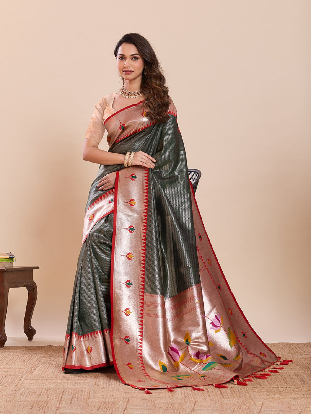 Dwija Fashion Deep Green Wedding Wear Woven Lotus Motif Work Pure Soft Silk Saree With Unstitched Blouse | Grocsy