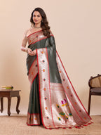 Dwija Fashion Deep Green Wedding Wear Woven Lotus Motif Work Pure Soft Silk Saree With Unstitched Blouse | Grocsy