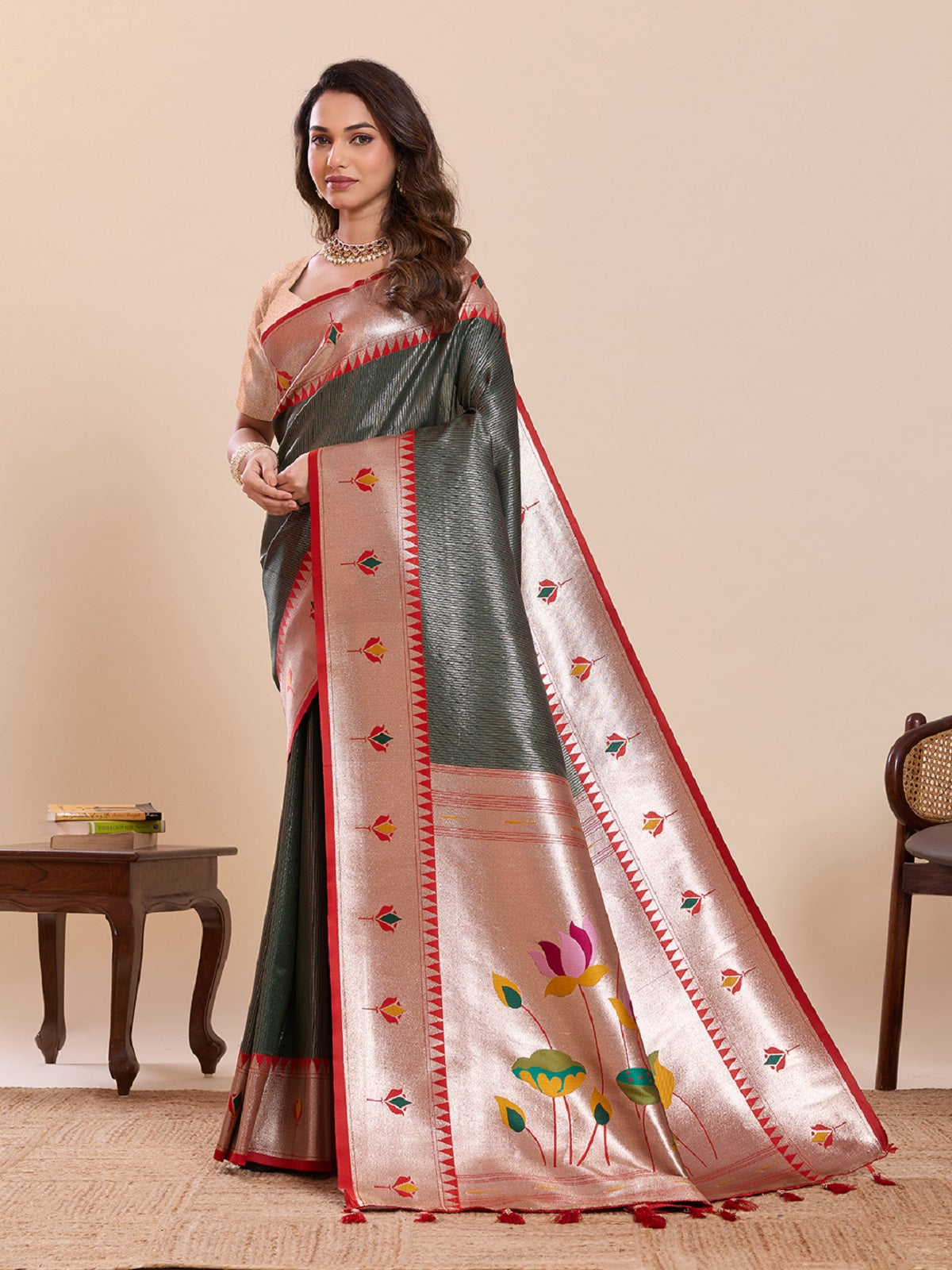 Dwija Fashion Deep Green Wedding Wear Woven Lotus Motif Work Pure Soft Silk Saree With Unstitched Blouse | Grocsy
