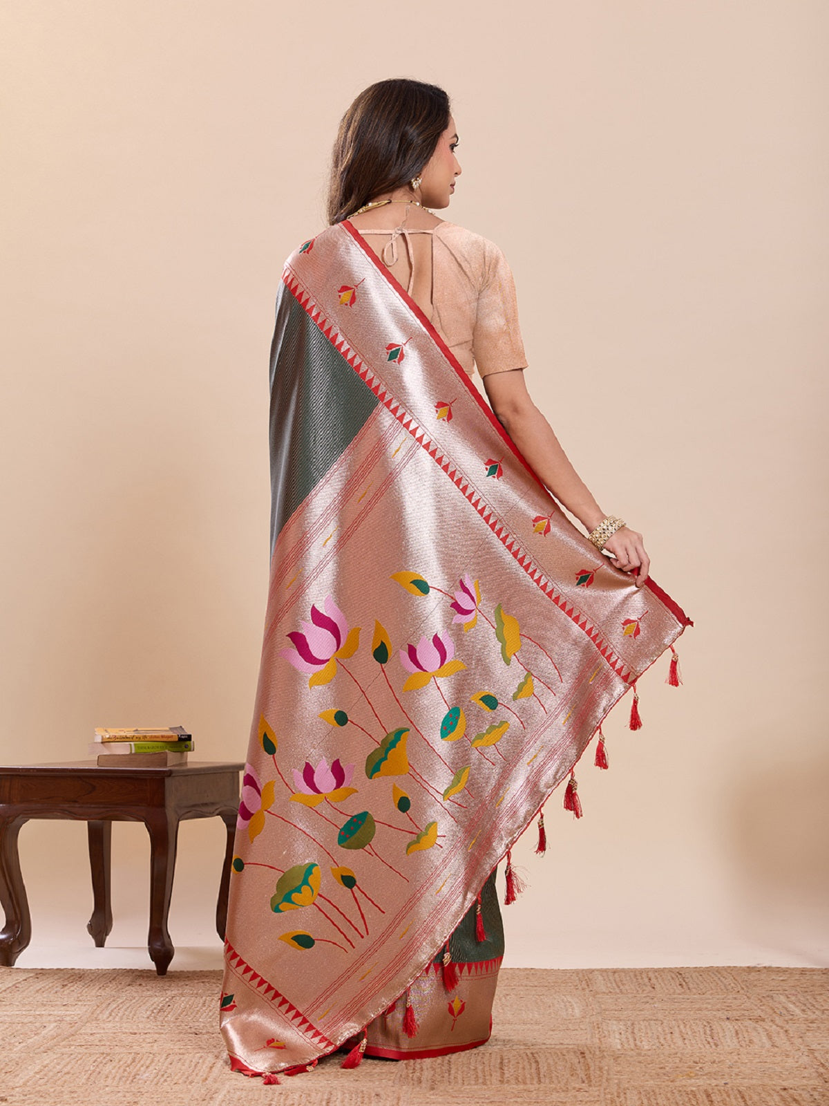 Dwija Fashion Deep Green Wedding Wear Woven Lotus Motif Work Pure Soft Silk Saree With Unstitched Blouse | Grocsy