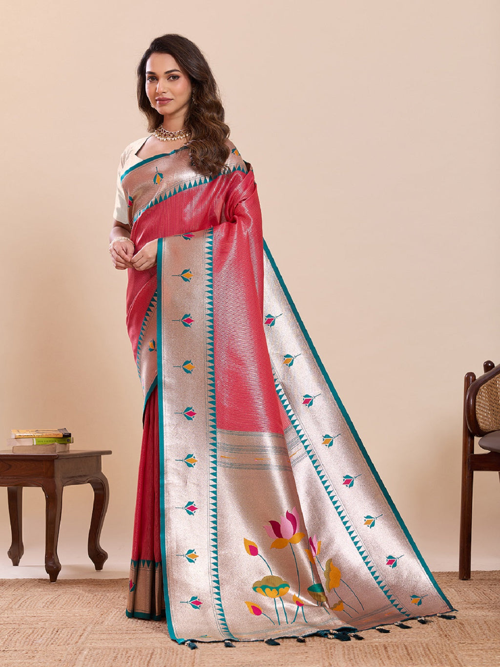 Dwija Fashion Red Wedding Wear Woven Lotus Motif Work Pure Soft Silk Saree With Unstitched Blouse | Grocsy