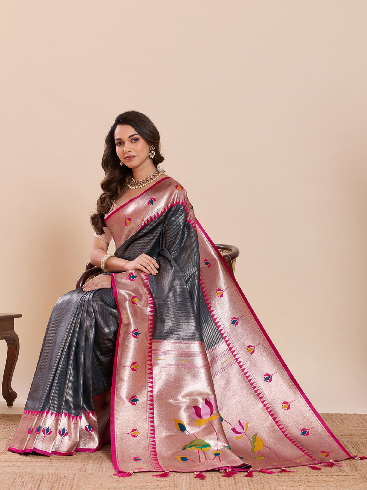 Dwija Fashion Grey Wedding Wear Woven Lotus Motif Work Pure Soft Silk Saree With Unstitched Blouse | Grocsy