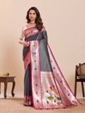 Dwija Fashion Grey Wedding Wear Woven Lotus Motif Work Pure Soft Silk Saree With Unstitched Blouse | Grocsy