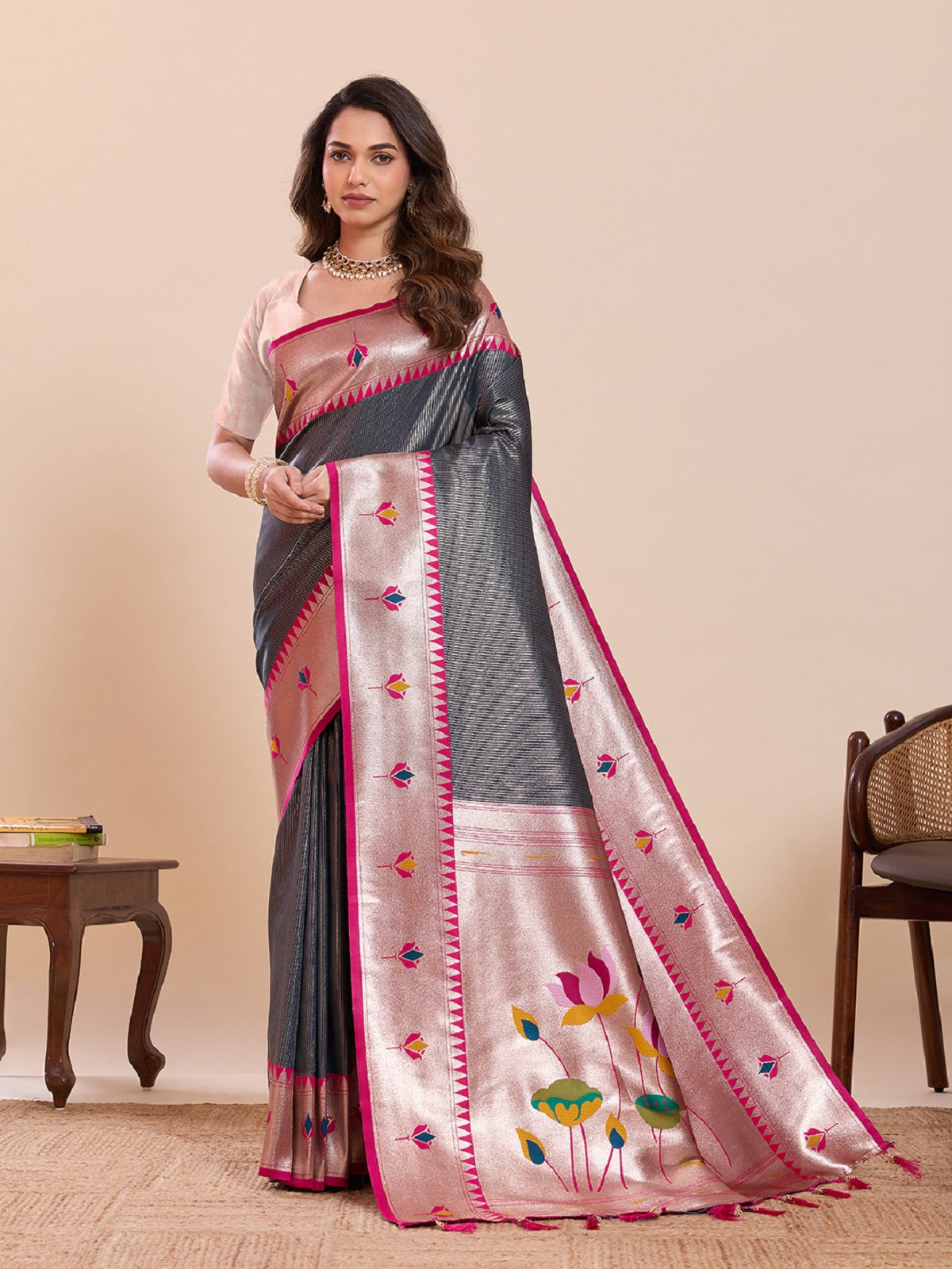 Dwija Fashion Grey Wedding Wear Woven Lotus Motif Work Pure Soft Silk Saree With Unstitched Blouse | Grocsy