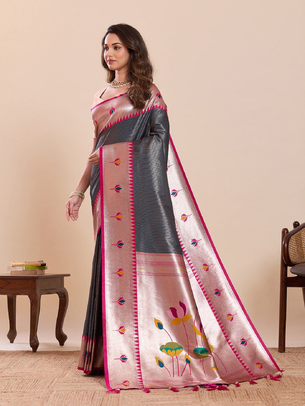 Dwija Fashion Grey Wedding Wear Woven Lotus Motif Work Pure Soft Silk Saree With Unstitched Blouse | Grocsy