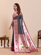 Dwija Fashion Grey Wedding Wear Woven Lotus Motif Work Pure Soft Silk Saree With Unstitched Blouse | Grocsy