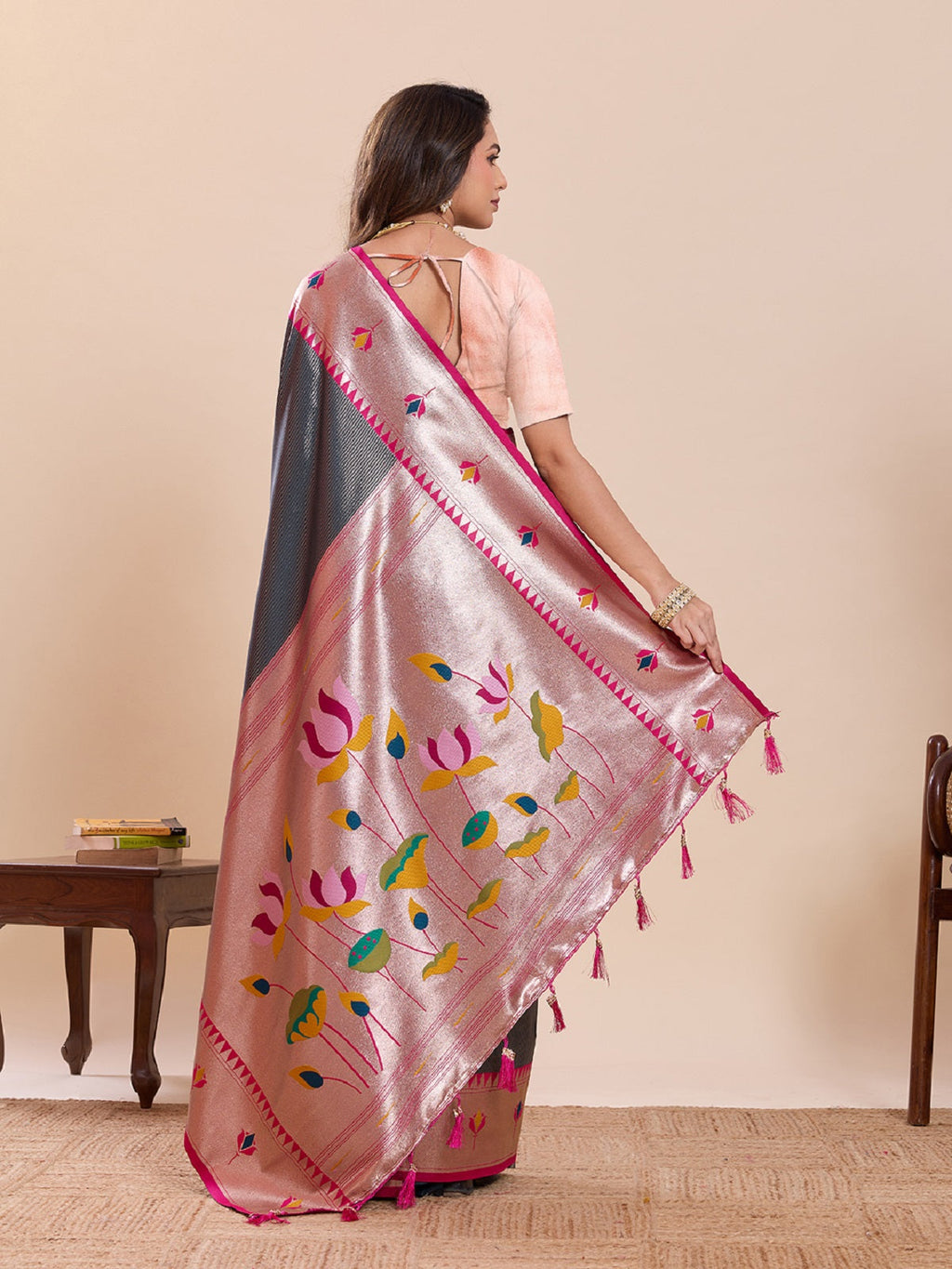 Dwija Fashion Grey Wedding Wear Woven Lotus Motif Work Pure Soft Silk Saree With Unstitched Blouse | Grocsy