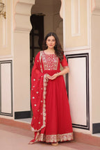Teeya Creation Red Color Faux Georgette Embroidery Work Wedding Wear Long Gown | Grocsy