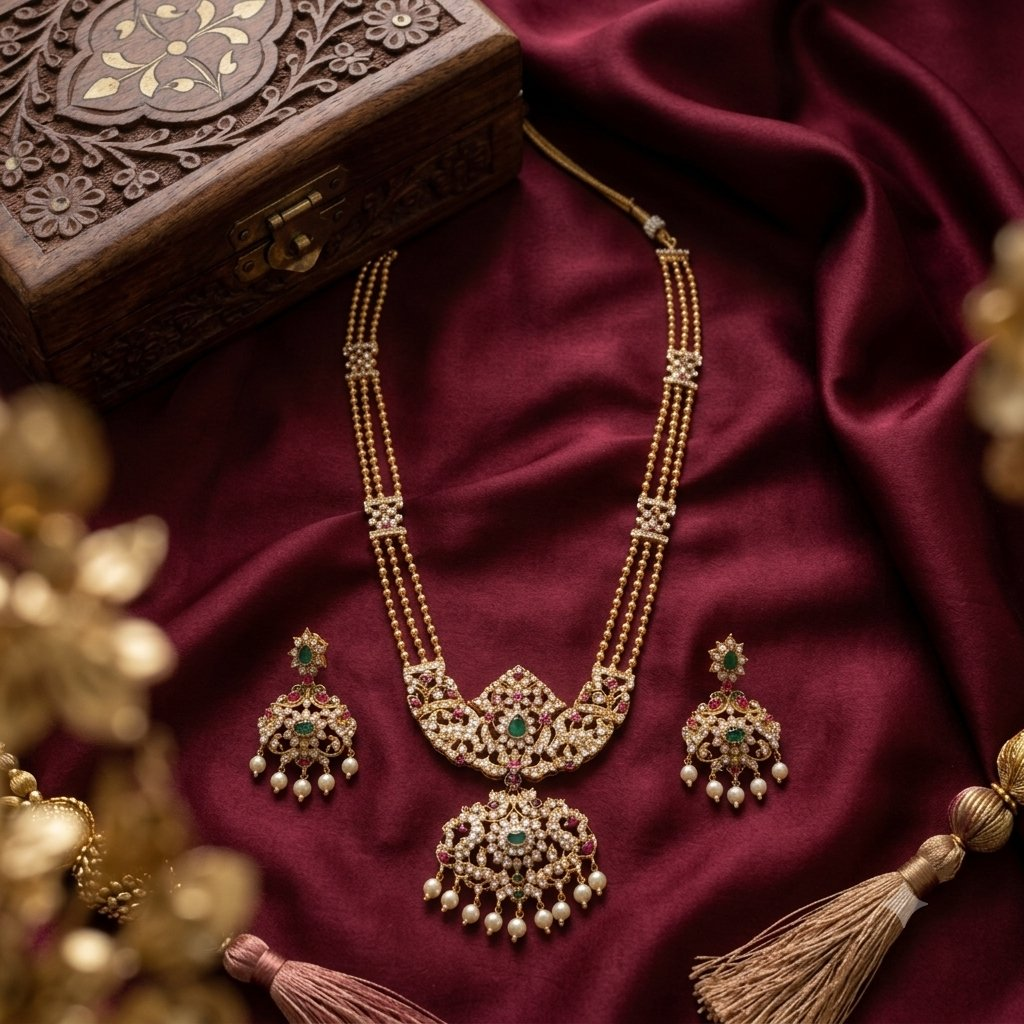 Jewel City Gold Plated Kundan Necklace Set With Green Gems & Pearls|Wedding Jewelry | Grocsy