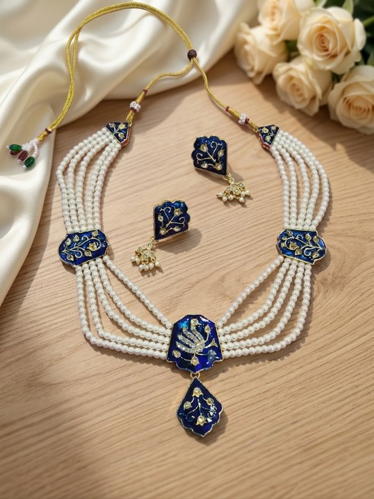 Jewel City Blue Meenakari Pearl Necklace Set|Kundan Ethnic Wedding Jewelry Set | Grocsy