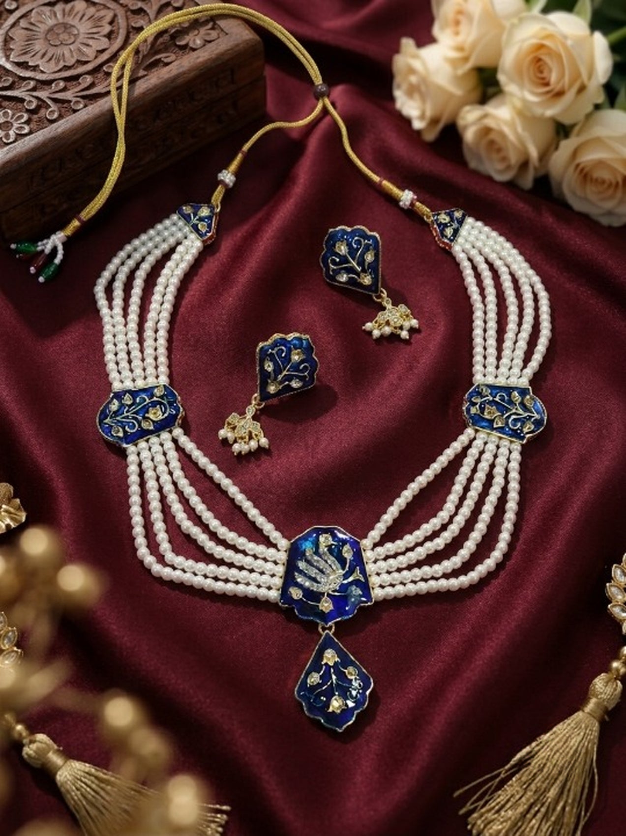 Jewel City Blue Meenakari Pearl Necklace Set|Kundan Ethnic Wedding Jewelry Set | Grocsy