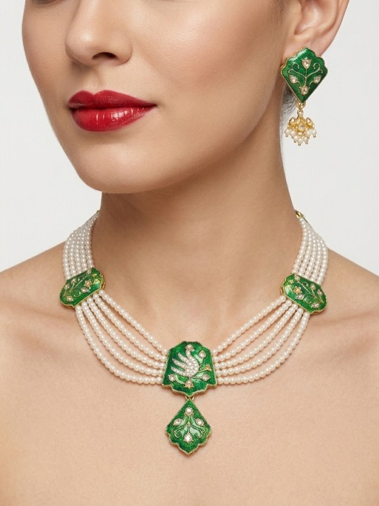 Jewel City Green Meenakari Pearl Necklace Set|Kundan Ethnic Wedding Jewelry Set | Grocsy