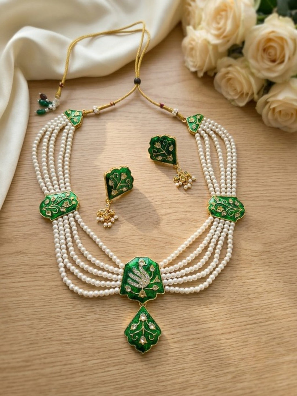 Jewel City Green Meenakari Pearl Necklace Set|Kundan Ethnic Wedding Jewelry Set | Grocsy