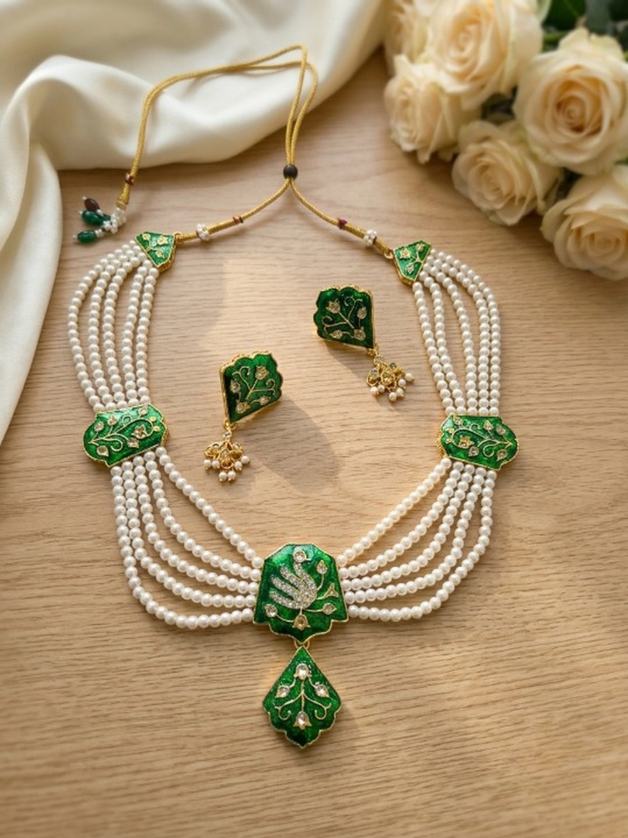 Jewel City Green Meenakari Pearl Necklace Set|Kundan Ethnic Wedding Jewelry Set | Grocsy