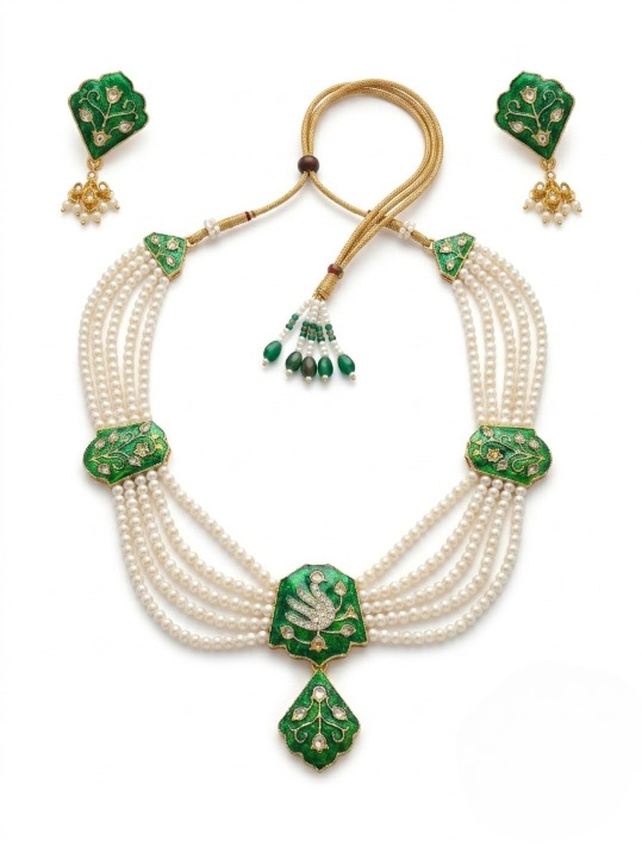 Jewel City Green Meenakari Pearl Necklace Set|Kundan Ethnic Wedding Jewelry Set | Grocsy
