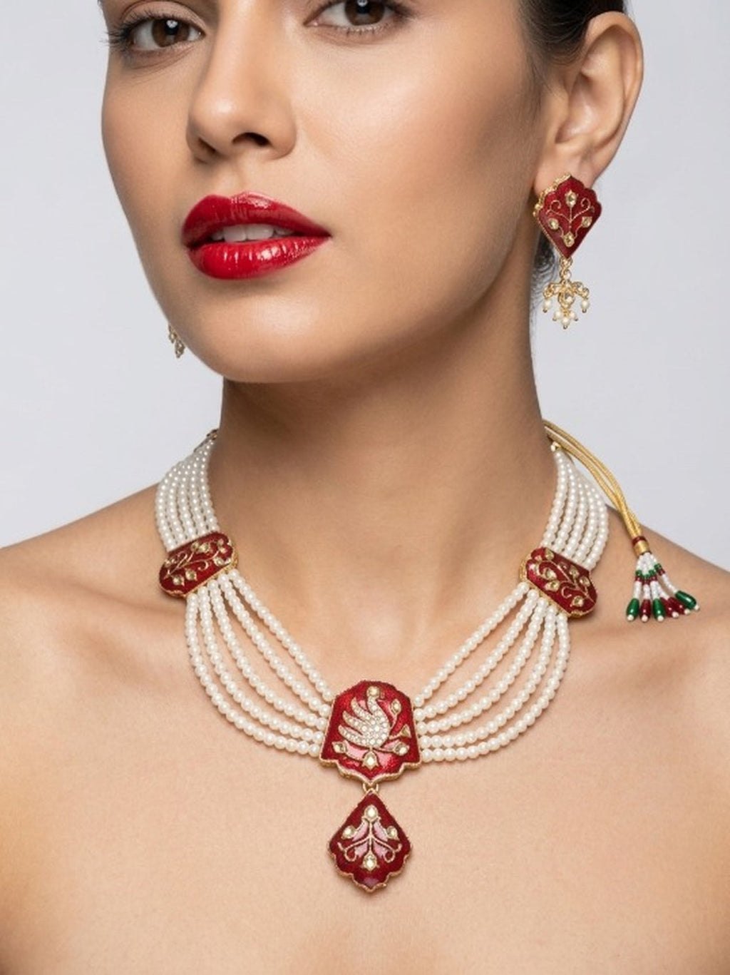 Jewel City Red Meenakari Pearl Necklace Set|Ethnic Indian Choker For Wedding | Grocsy