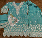 Anaita Sky Blue Real Shimmer Readymade Suit with Embroidery & Real Mirror Work | Grocsy