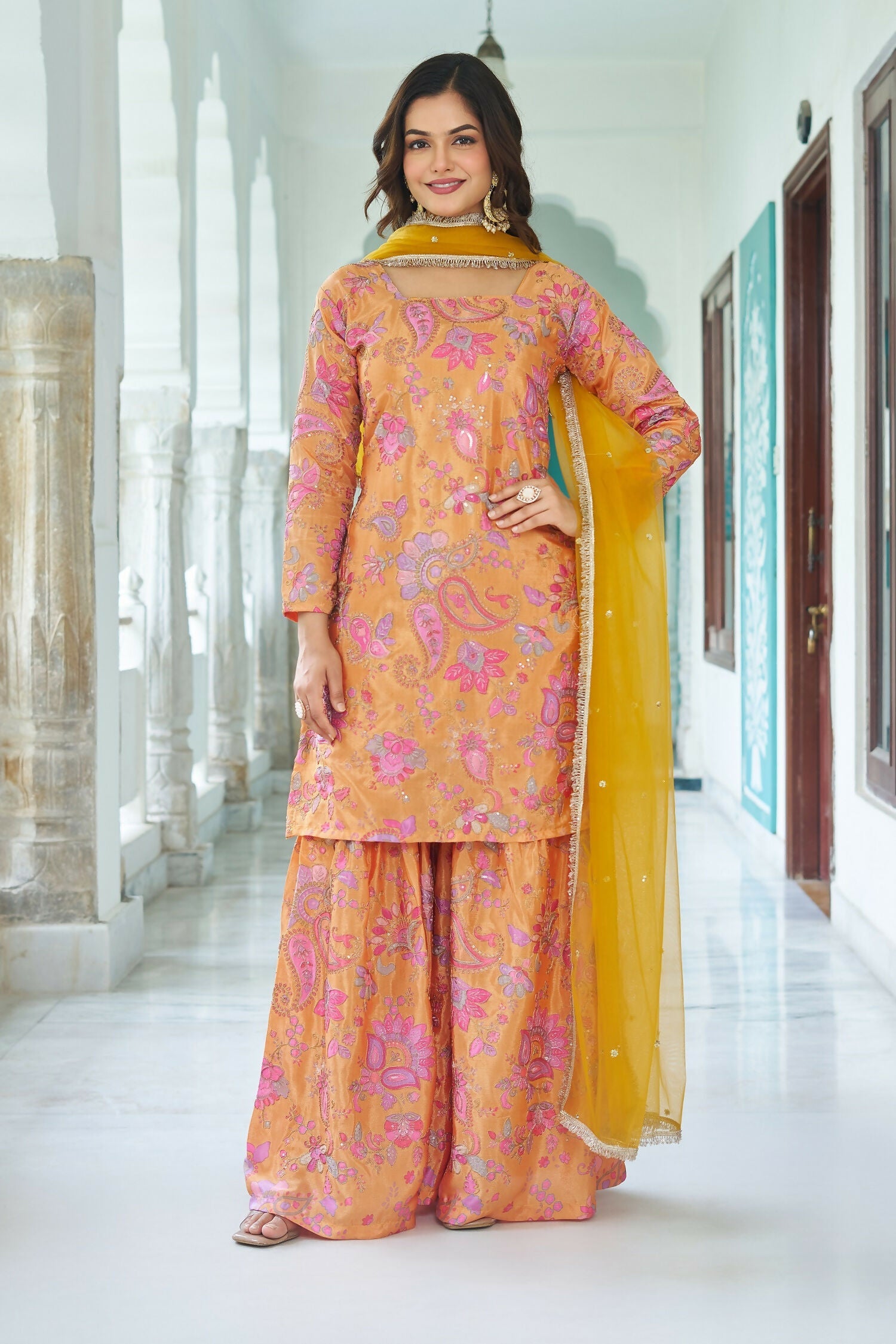 Joban Fashion Yellow Chinnon Embroidery Sequence Work Readymade Kurta Set | Grocsy