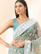 Blue Organza Floral Embroidered Saree with Unstitched Blouse Piece - Roozal | Grocsy