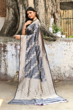 Joban Fashion Silver Grey Pure Katan Pure Handloom Banarasi Silk Saree | Grocsy